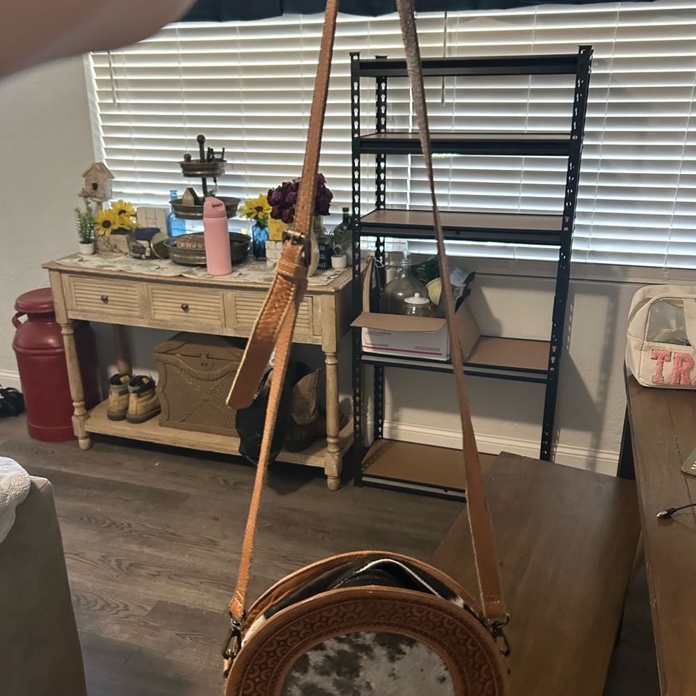 Leather Round Crossbody Bag in Brown - Home Accents